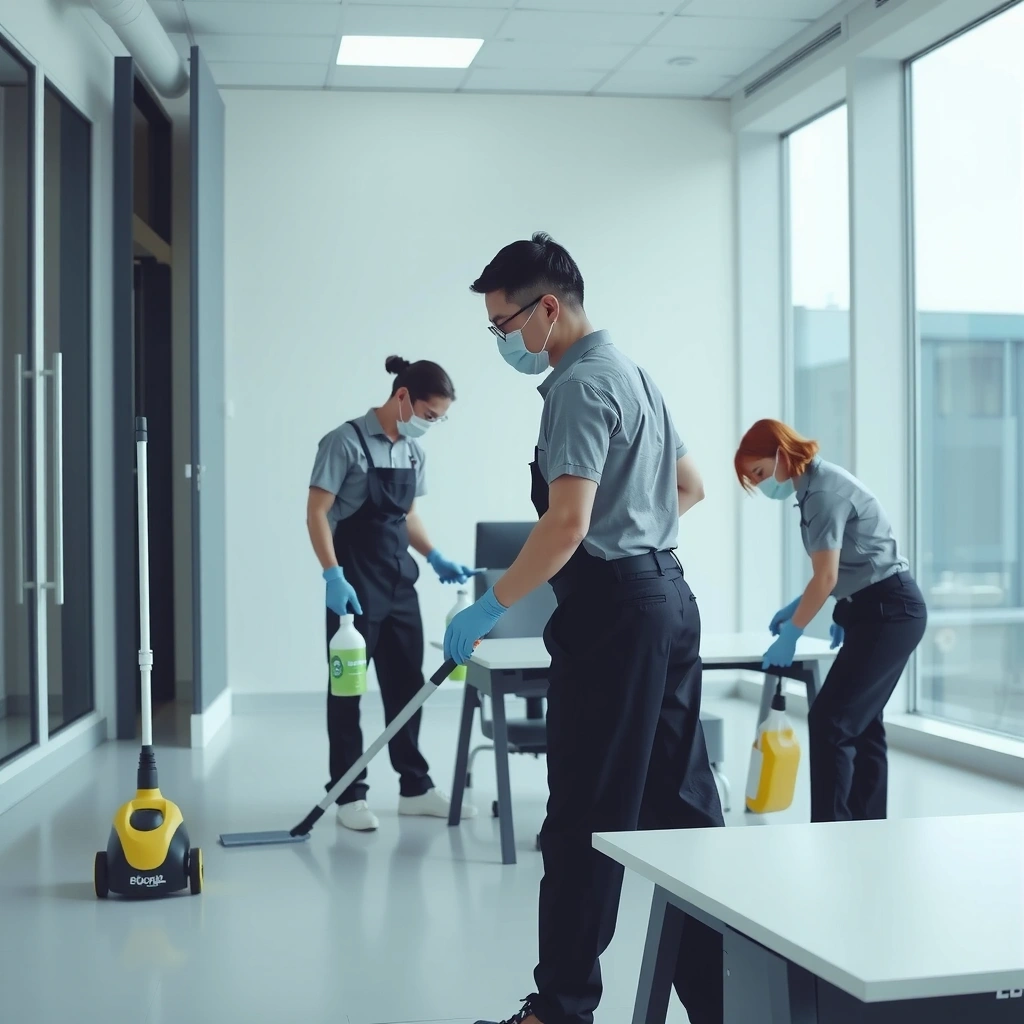 Professional cleaning service team at work in modern office space